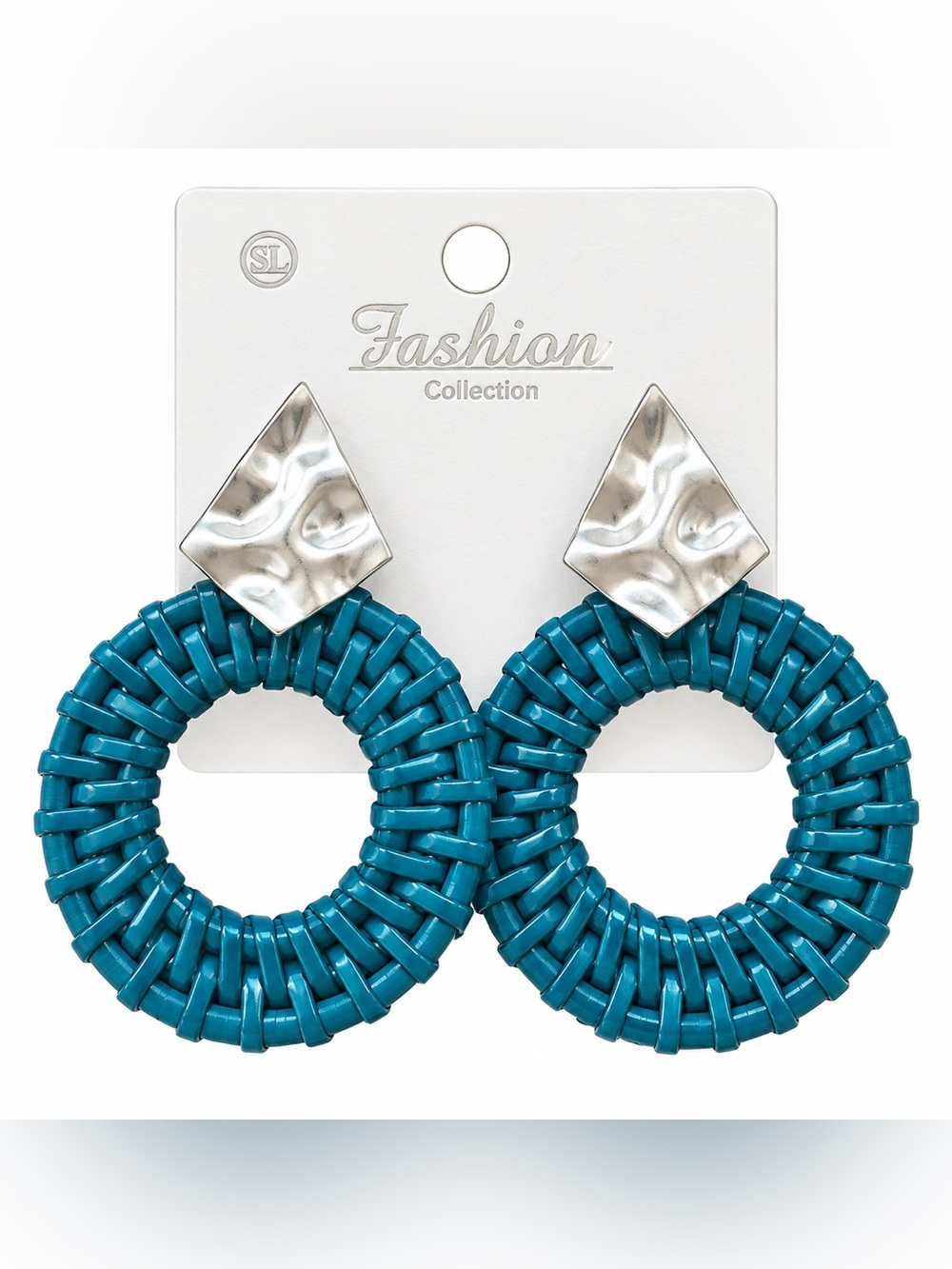 Fashion Collection Teal Woven Statement Drop Earrings Silver Tone